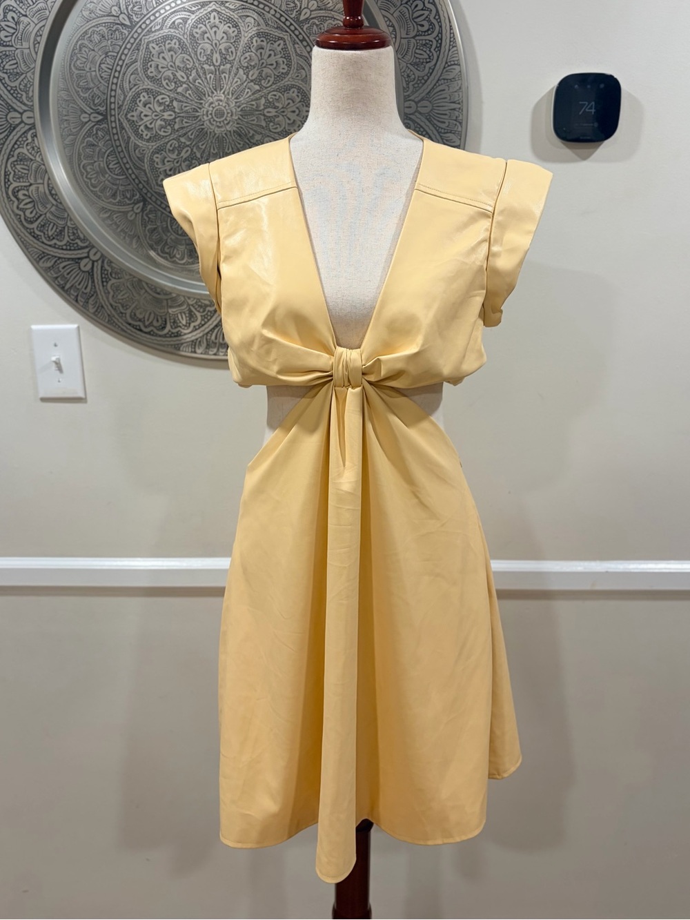 Jason Wu light yellow, vegan leather dress with side cut outs – size medium